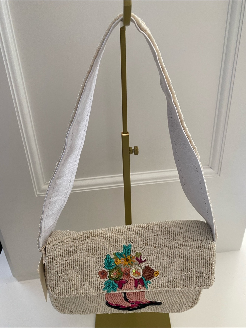 Beaded Cowgirl Boots & Floral Bouquet Shoulder Bag - Cream